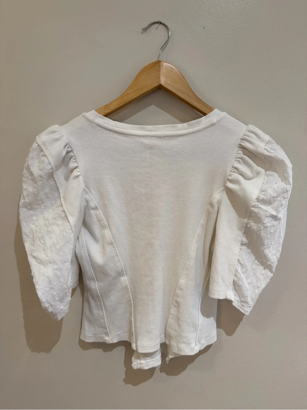 NEW By Anthropologie Puff-Sleeve Structured‎ V-Neck Tee white w/stretch size XS